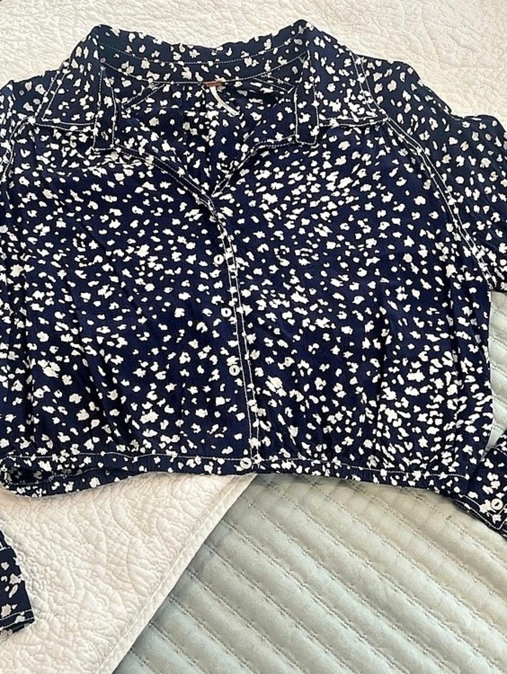 Free People Floral Cropped button down top in Blue & White